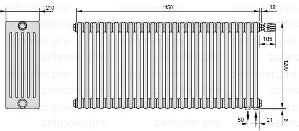 Схема (чертеж) Радиатор Zehnder Charleston 6120/25 №V002 Белый глянцевый RAL 9016